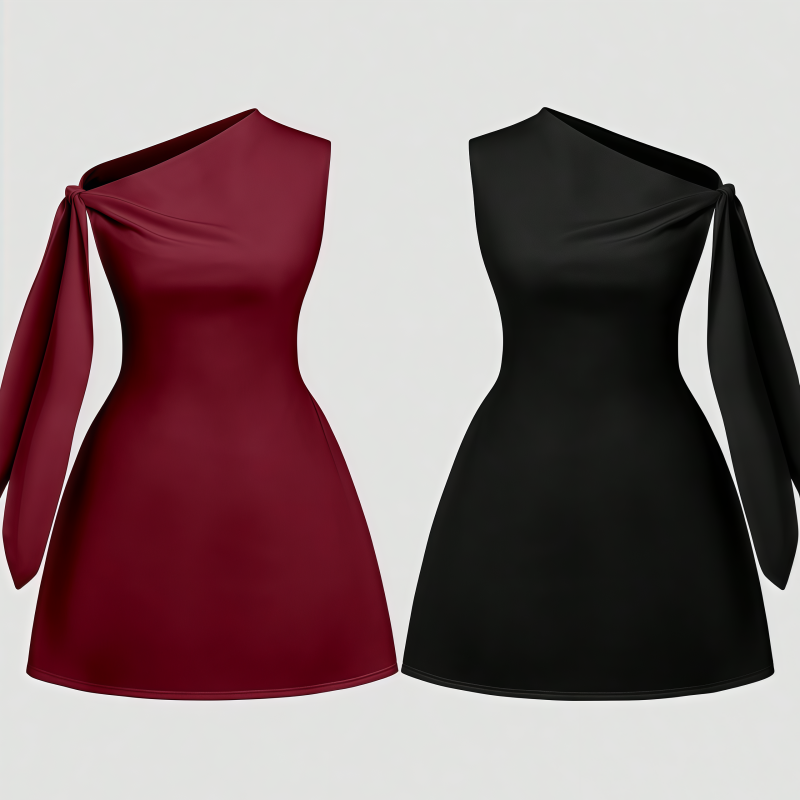Elegant Solid Color One Shoulder Sleeveless Tie Waist Slim Fit Dress