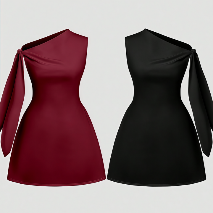 Elegant Solid Color One Shoulder Sleeveless Tie Waist Slim Fit Dress