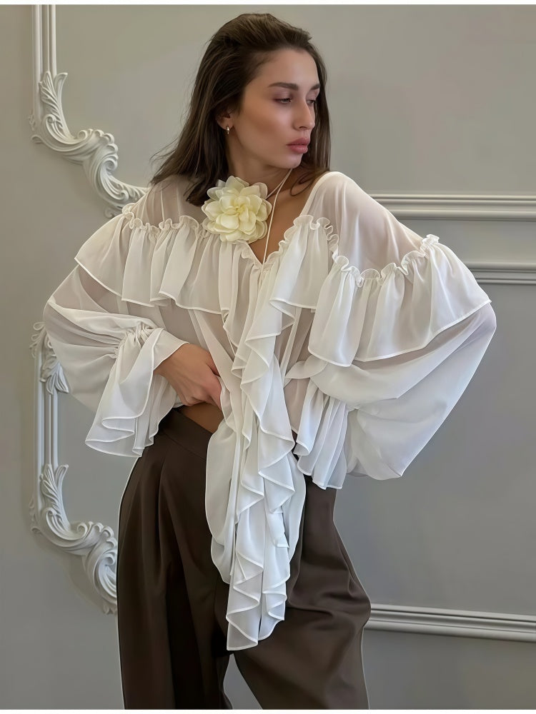 Ruffled V Neck Blouse | Oversized Flared Bell Long Sleeve Loose Chiffon Top