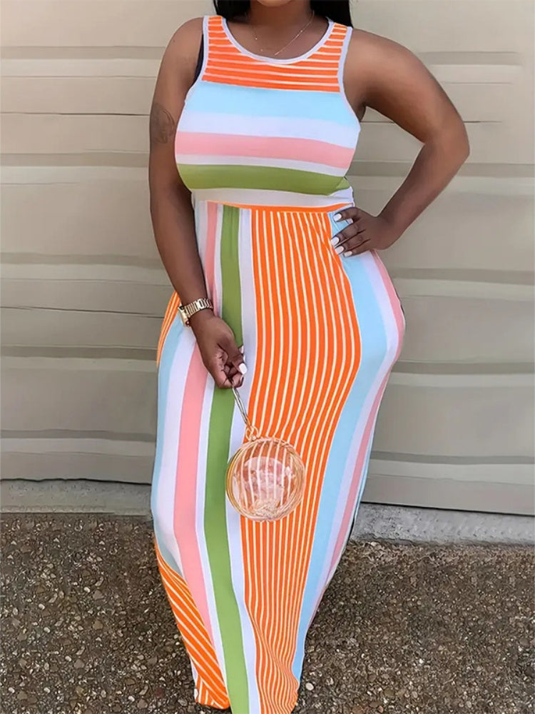 Plus Size Color Block Striped Sleeveless Maxi Dress