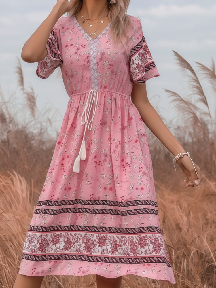 V-neck floral elastic waist dress