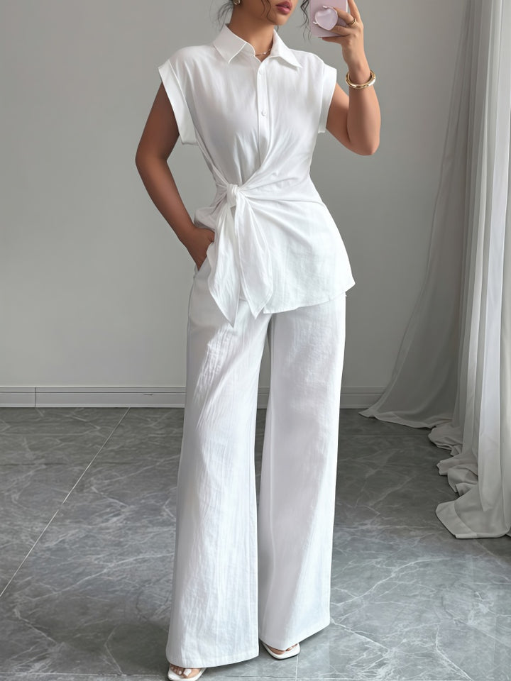 Tie-Waist Sleeveless Shirt &amp; Wide Leg Pants Set