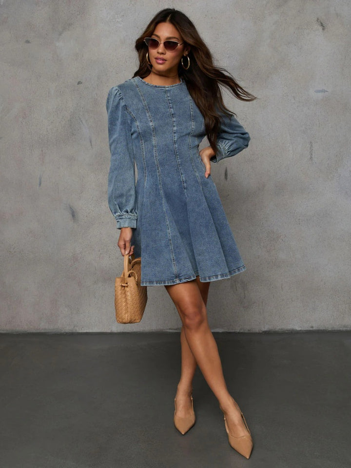 Round Neck Puff Long Sleeve Denim Mini Dress
