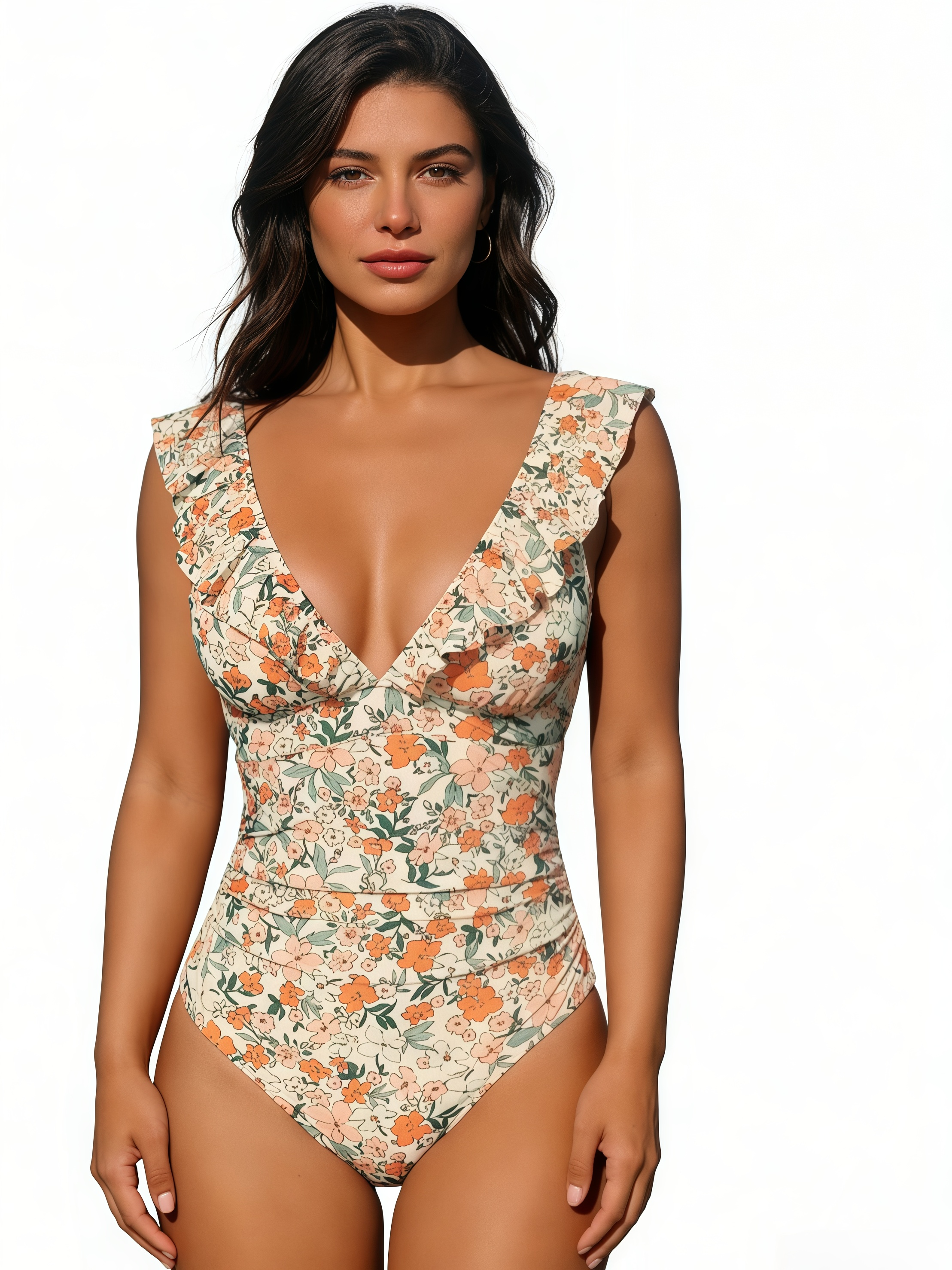Ruffle V-Neck One Piece Swimsuit – Tummy Control Floral Swimwear