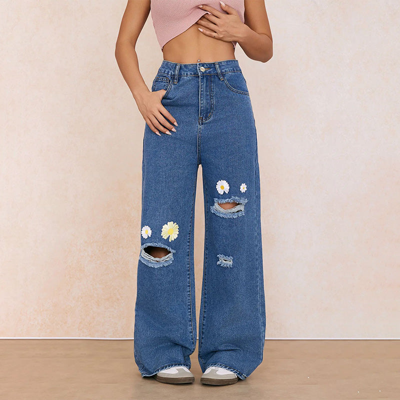Daisy Embroidered Ripped Wide-Leg Jeans