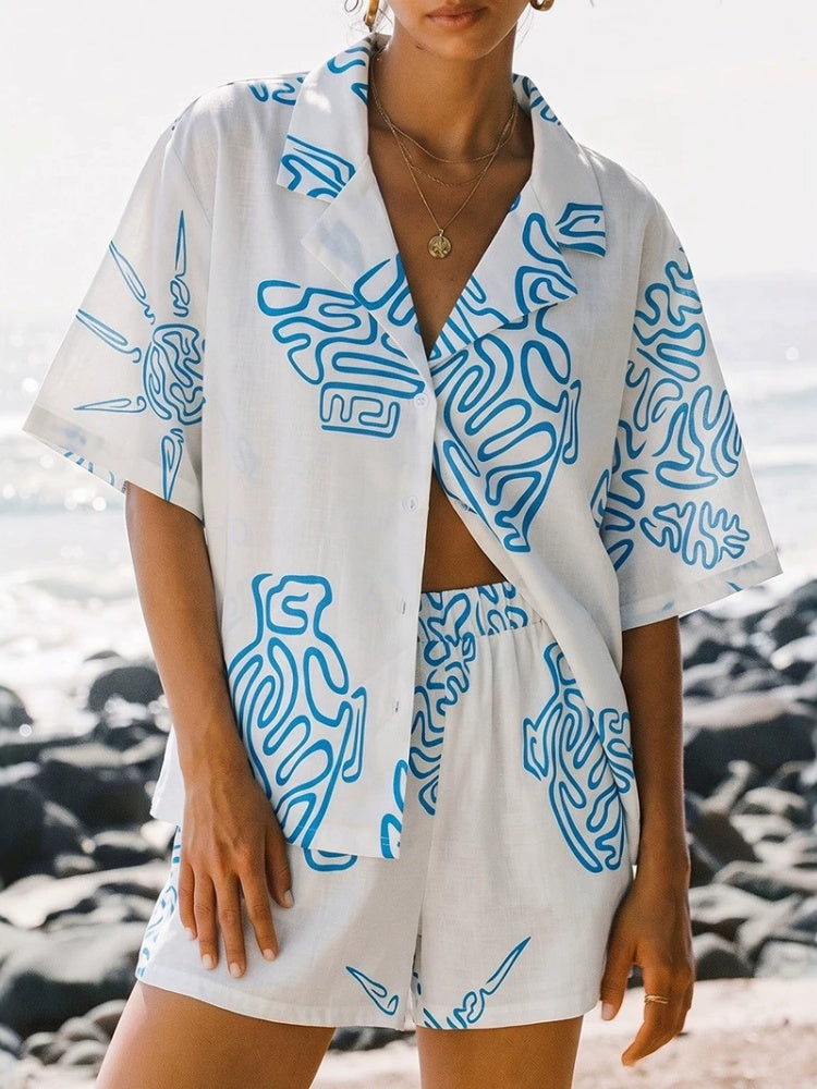 Print Button-Down Shirt &amp; Shorts Set