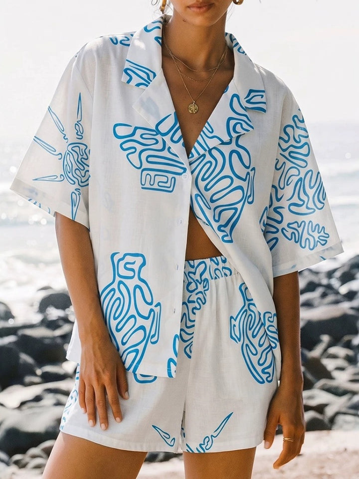 Print Button-Down Shirt &amp; Shorts Set