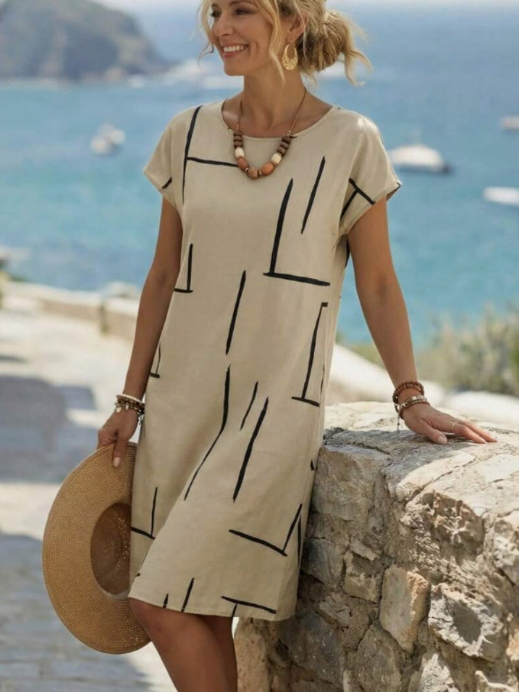 Geometric Line Print Short Sleeve Midi Dress