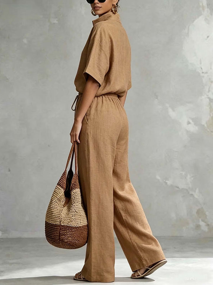 Half-zip stand-up collar top and wide-leg pants suit
