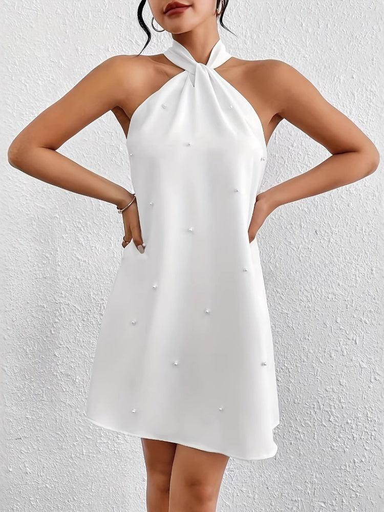 Pearl Embellished Halter Neck Mini Dress