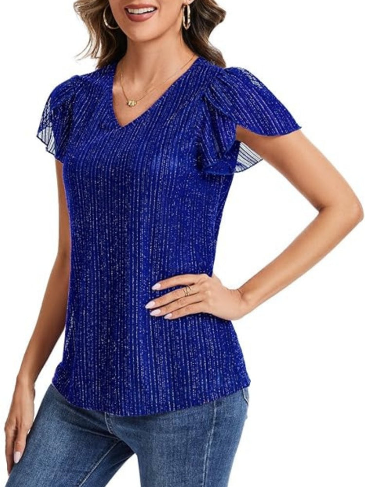 Shiny Pleated V-Neck Flutter Sleeve Top