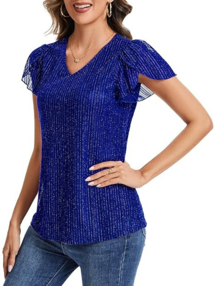 Shiny Pleated V-Neck Flutter Sleeve Top