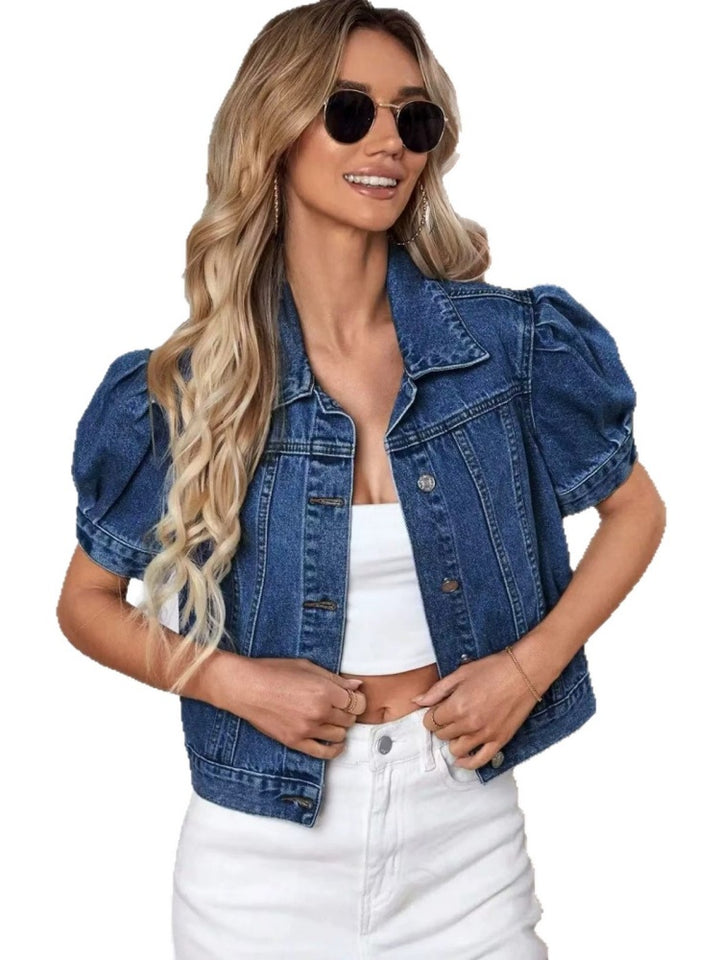 Cropped denim jacket with puff sleeves