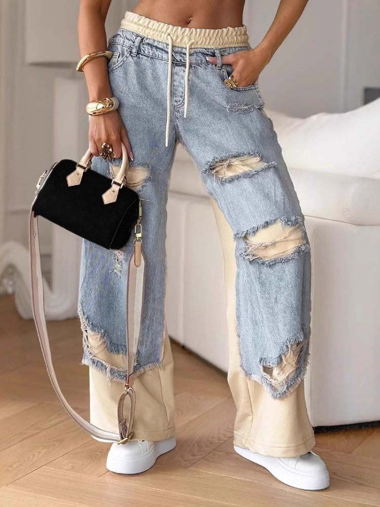 Ripped Contrast Panel Wide Leg Jeans