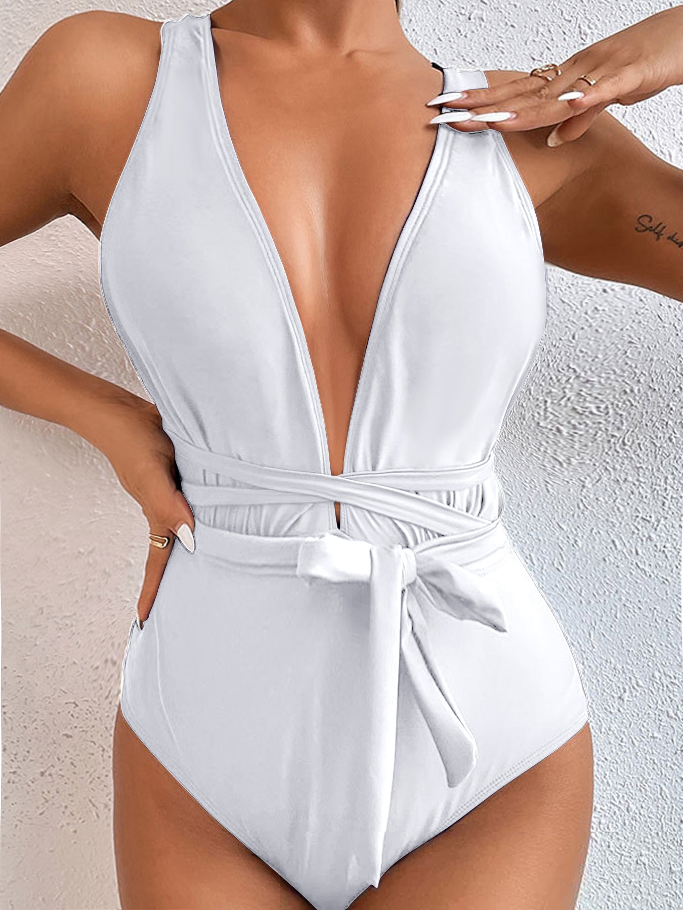 Elegant Deep V One-Piece Swimsuit with Waist Tie – Multiple Colors