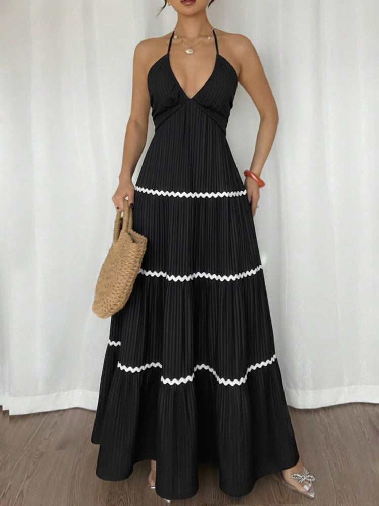 Black Halter Maxi Dress with White Zigzag Trim