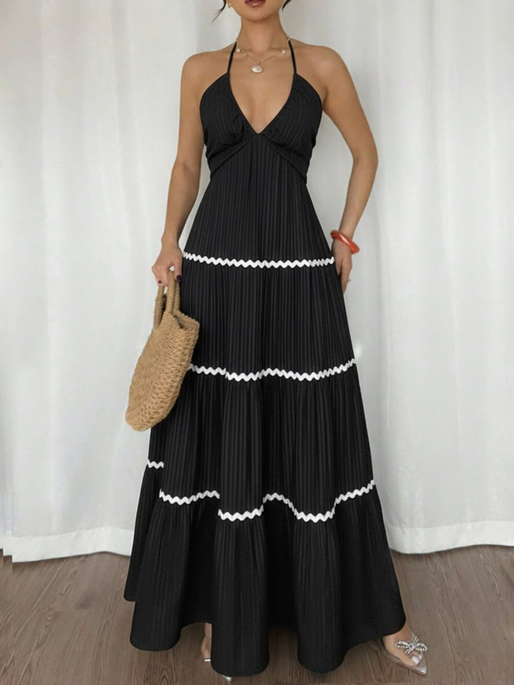 Black Halter Maxi Dress with White Zigzag Trim