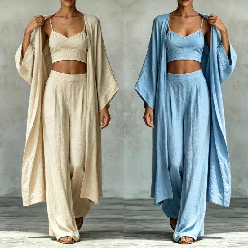 Loose cardigan, camisole, high-waisted wide-leg pants three-piece set