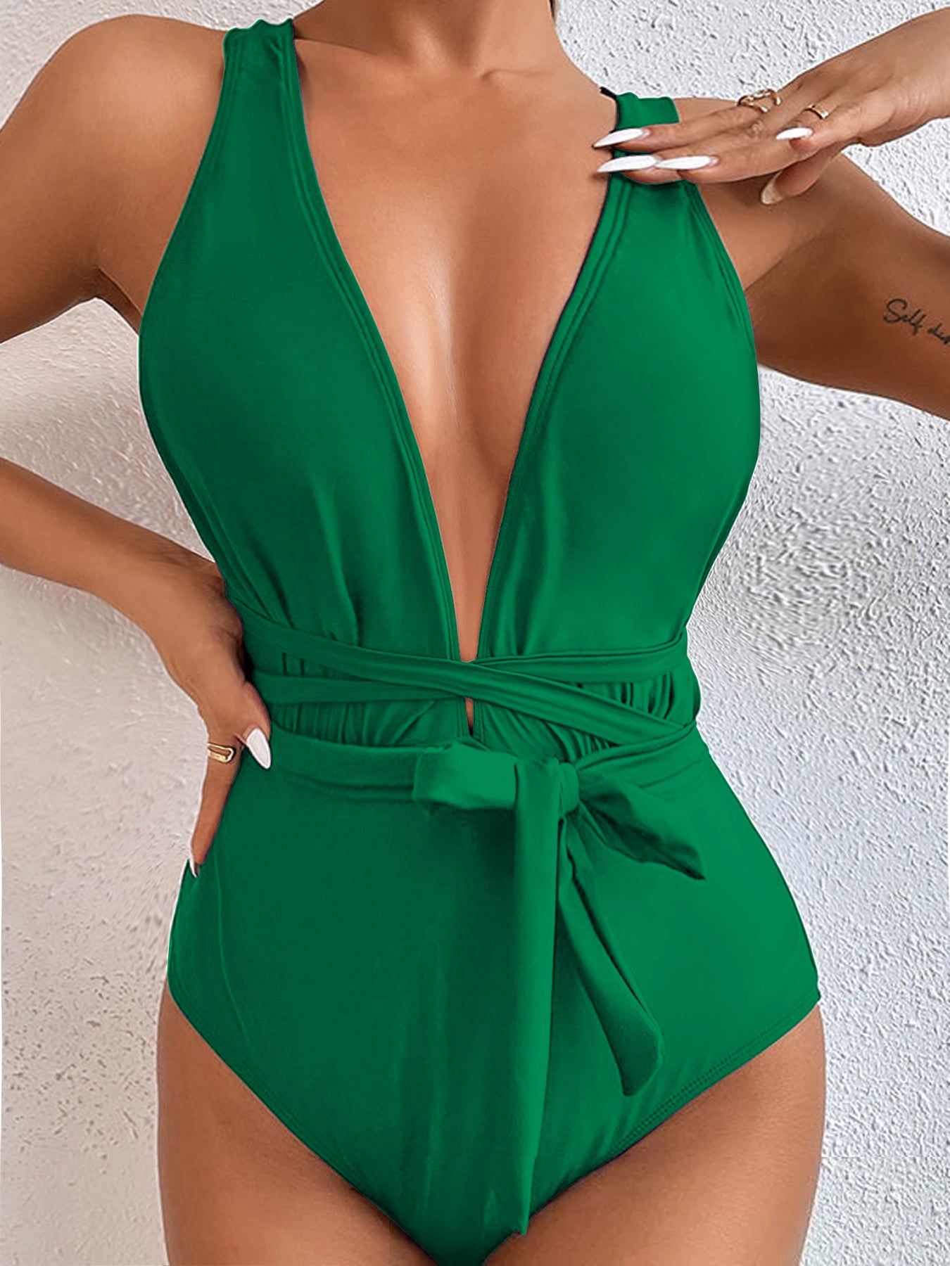 Elegant Deep V One-Piece Swimsuit with Waist Tie – Multiple Colors