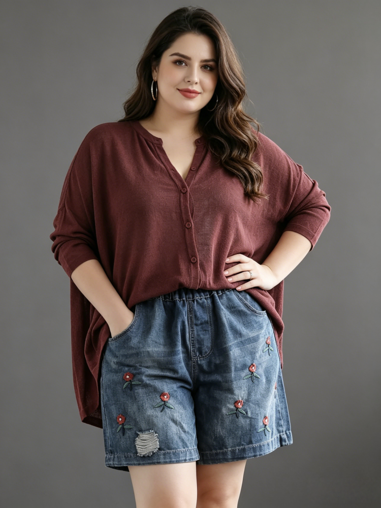 Floral Embroidered High Waisted Denim Shorts