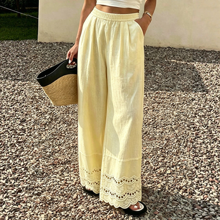 Stylish, loose-fitting, everyday wide-leg pants with lace trim