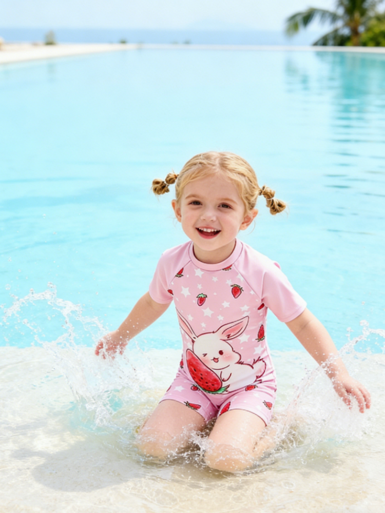 Cute Bunny Kids Swimsuit Set – One-Piece Rash Guard with Cap