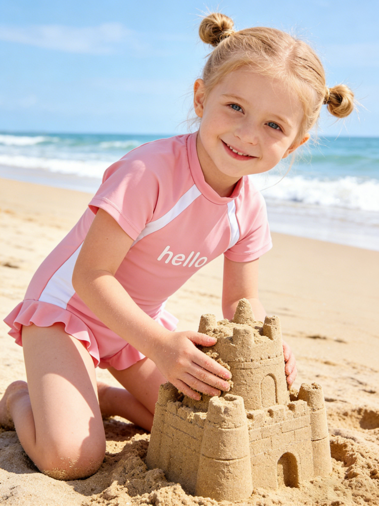 Girls Rash Guard Swimsuit with Hat – Cute Ruffle One-Piece Swimwear