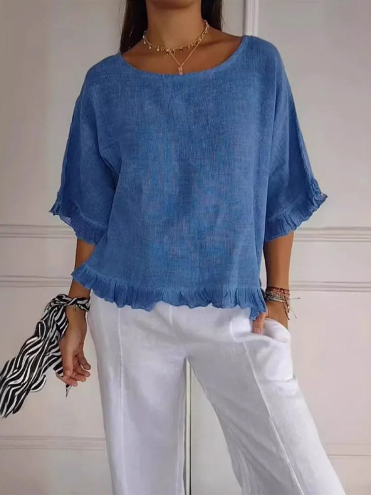 Crew Neck Ruffle Trim Short Sleeve Casual Cotton Blouse