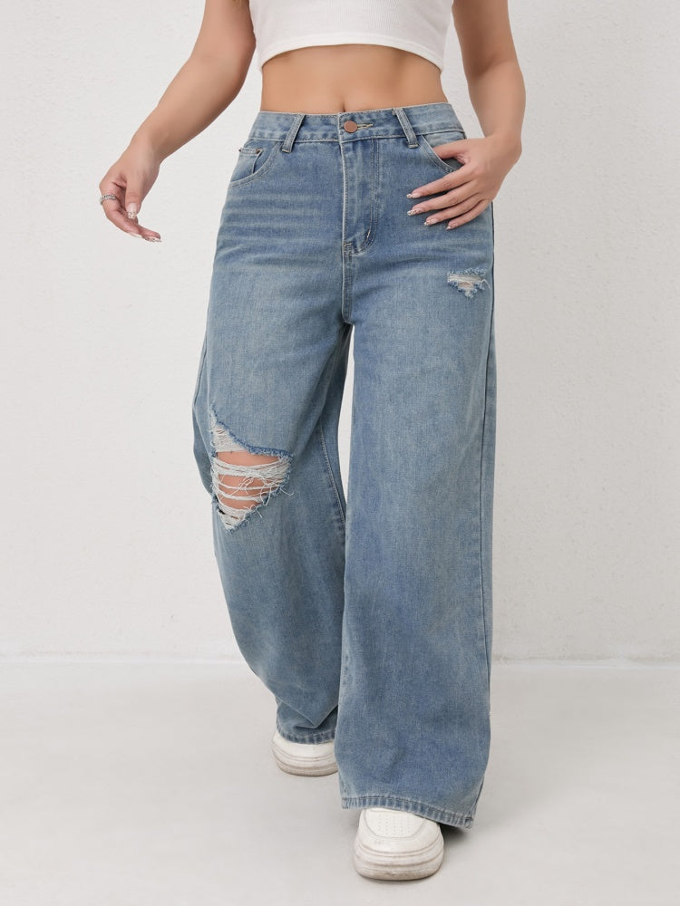 High Waist Hand Ripped Distressed Wide Leg Jeans