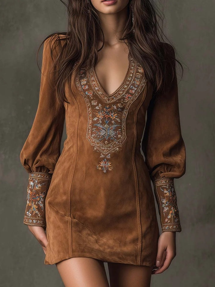 V-neck embroidered long-sleeved dress