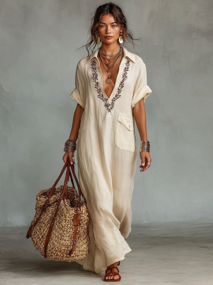 Loose-fitting embroidered collar cotton linen pocket dress