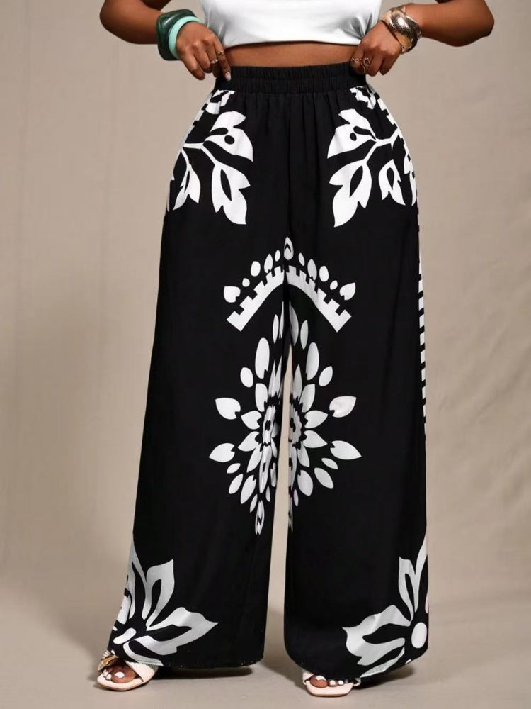 Stylish and elegant bohemian print straight-leg wide-leg trousers