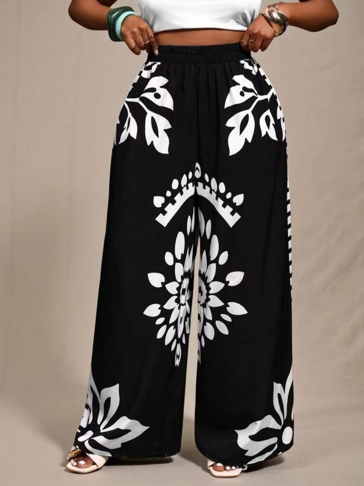 Stylish and elegant bohemian print straight-leg wide-leg trousers