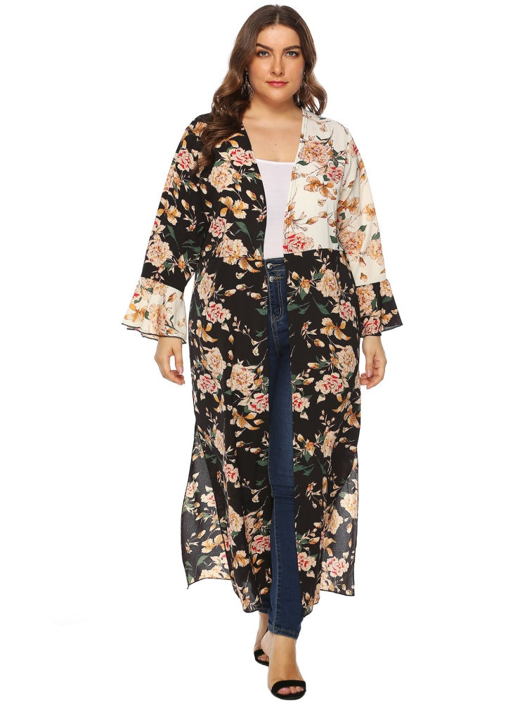 Irregular color-blocked printed ruffle cardigan jacket