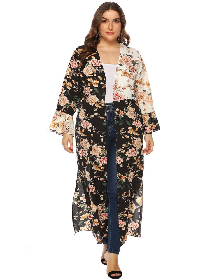 Irregular color-blocked printed ruffle cardigan jacket