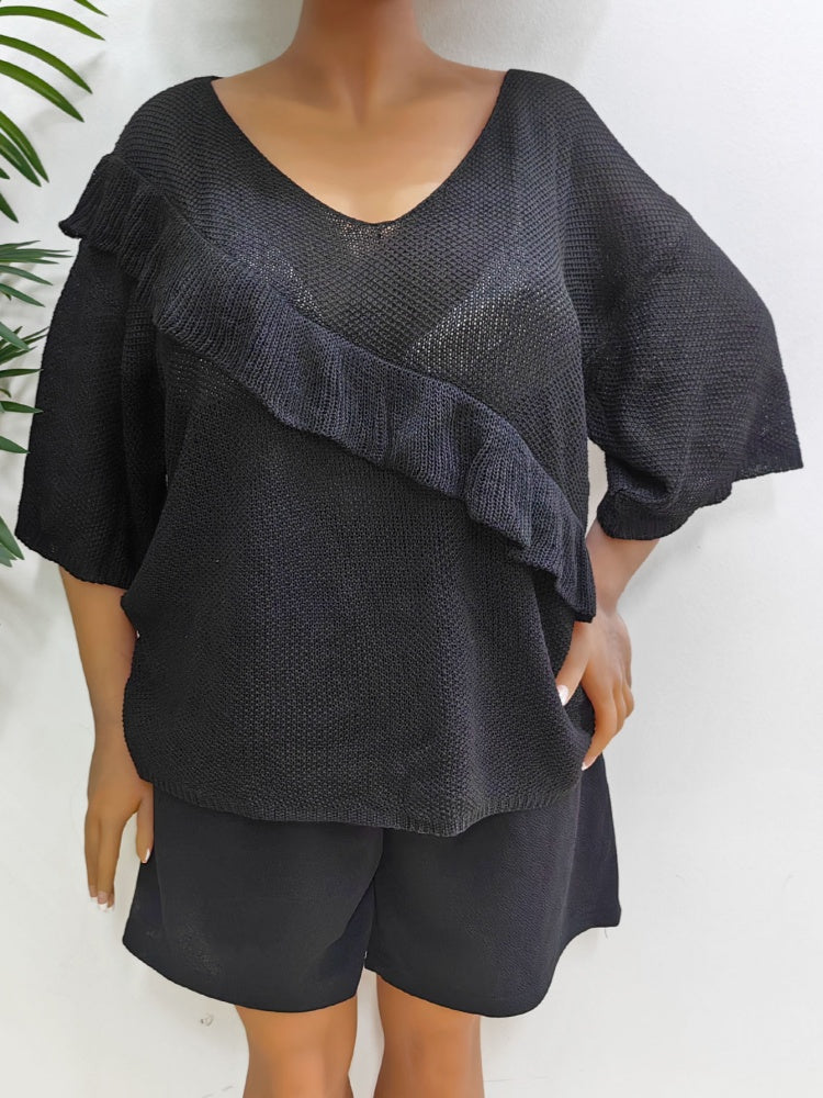 Ruffled patchwork machine-knitted loose sweater
