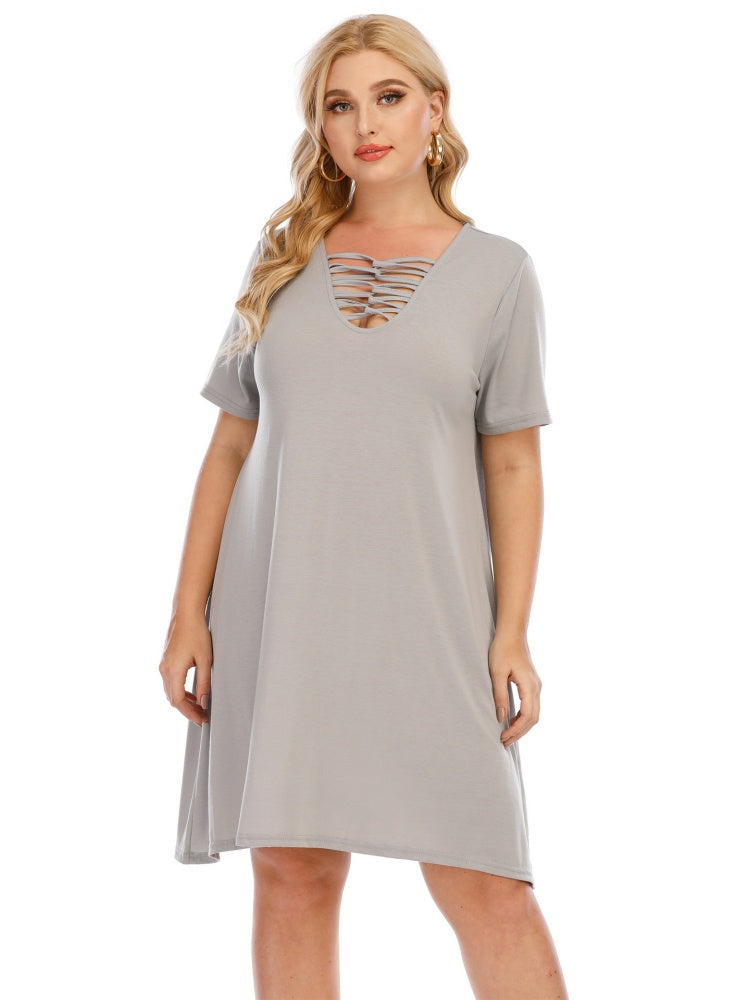 Plus Hollow V-Neck Short Sleeve Dress