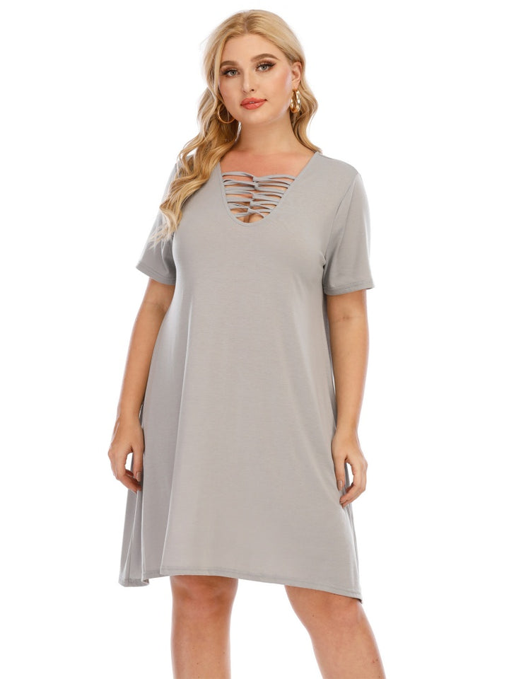 Plus Hollow V-Neck Short Sleeve Dress