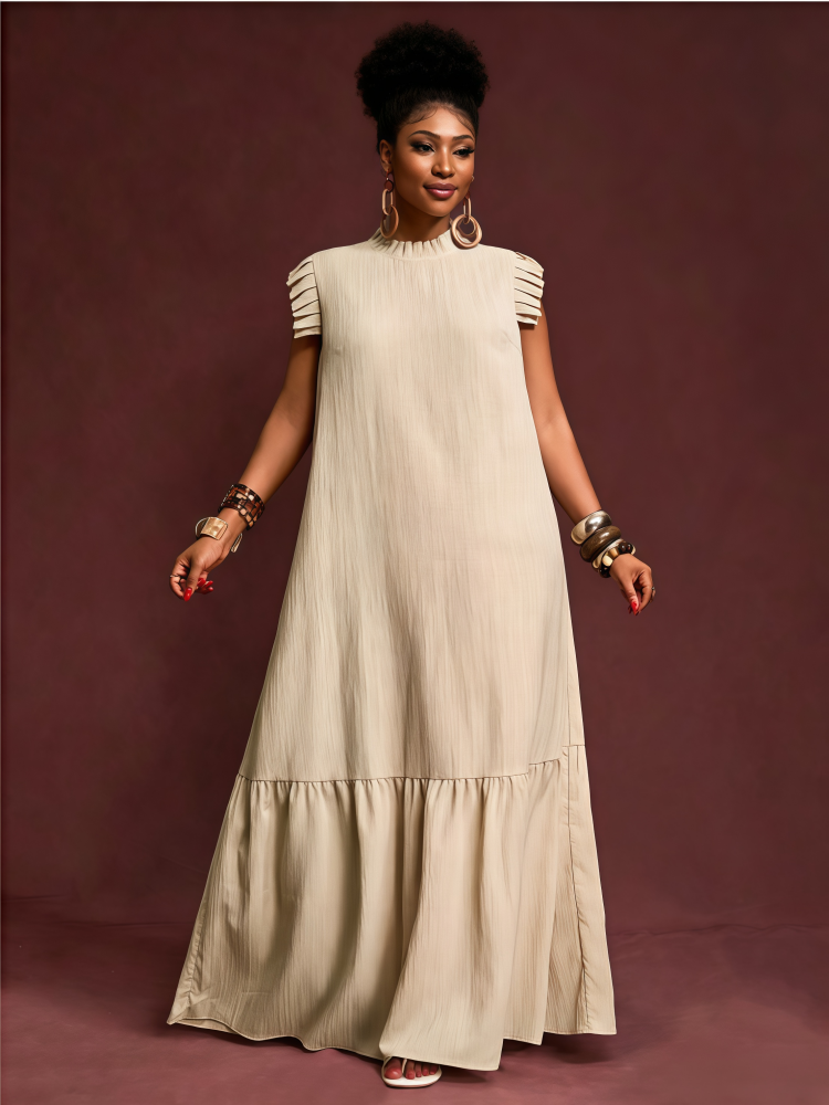 Pleated flutter-sleeve loose maxi dress