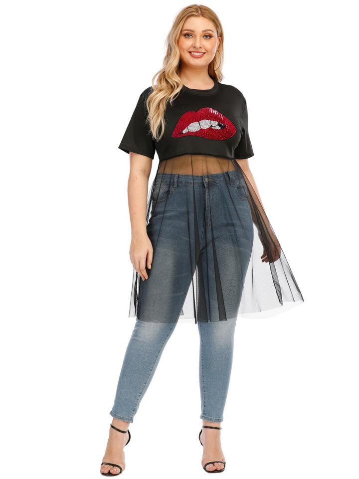 Lip sequin embroidery mesh patchwork T-shirt top