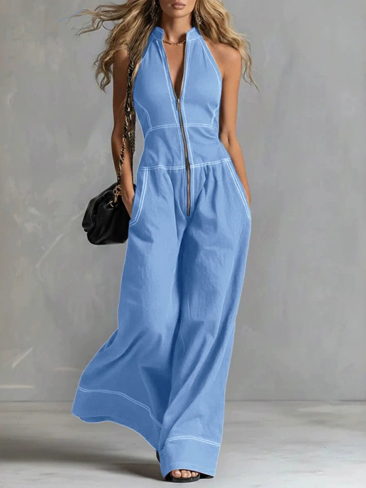 Deep V-neck stand-up collar sleeveless casual jumpsuit