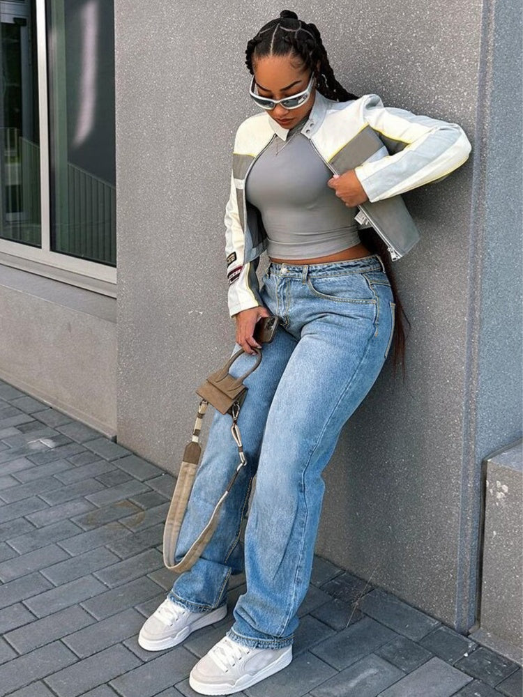 High-elasticity zipper slim-fit wide-leg jeans