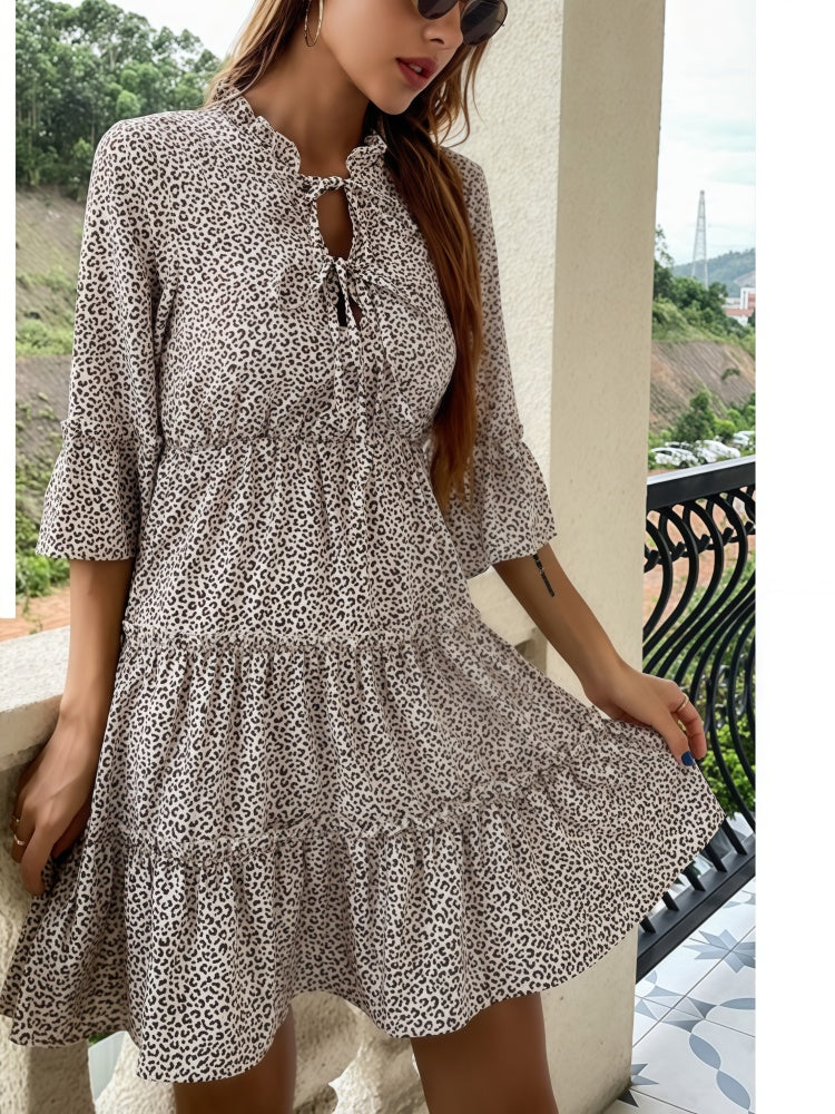 Fashionable leopard print ruffled fitted dress