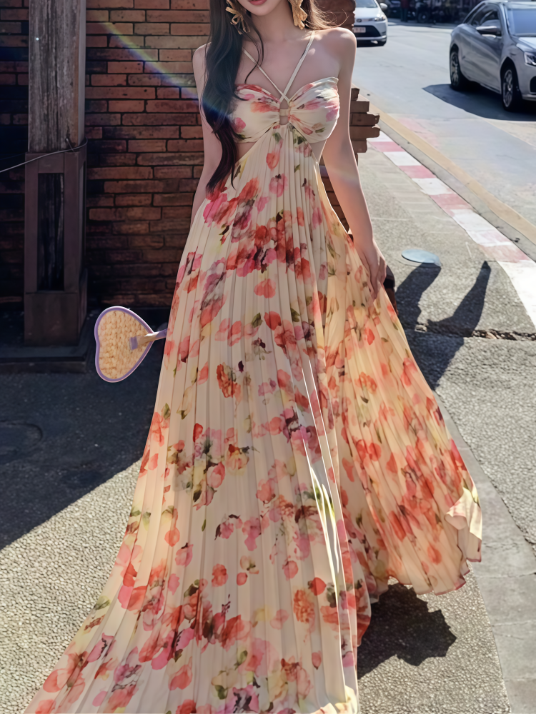 French-style floral halter-neck camisole dress