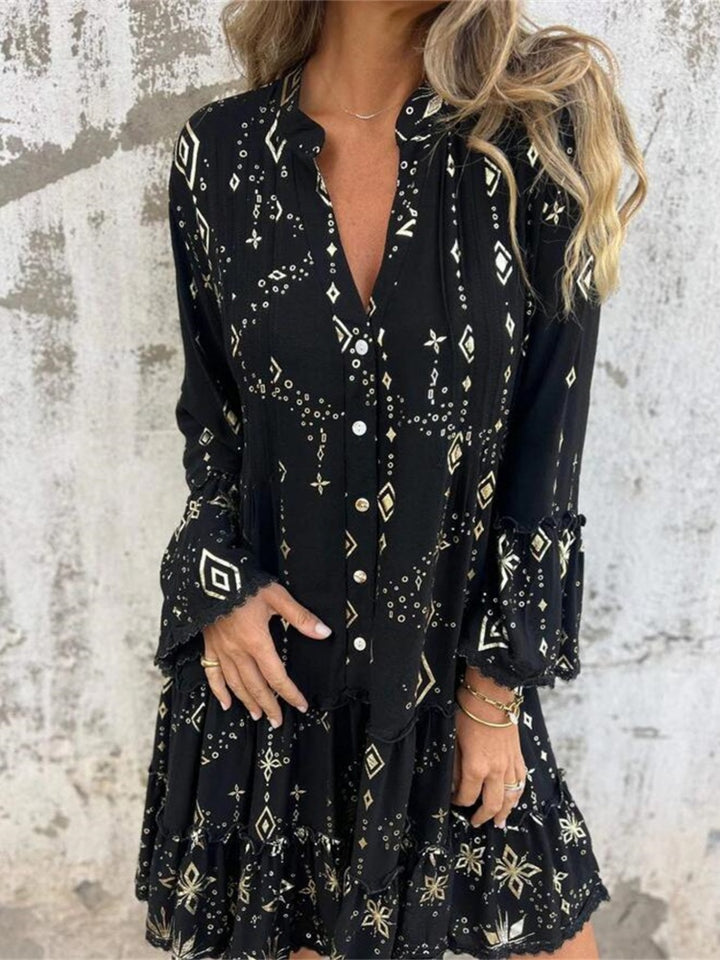 Solid color bell sleeve hollow dress