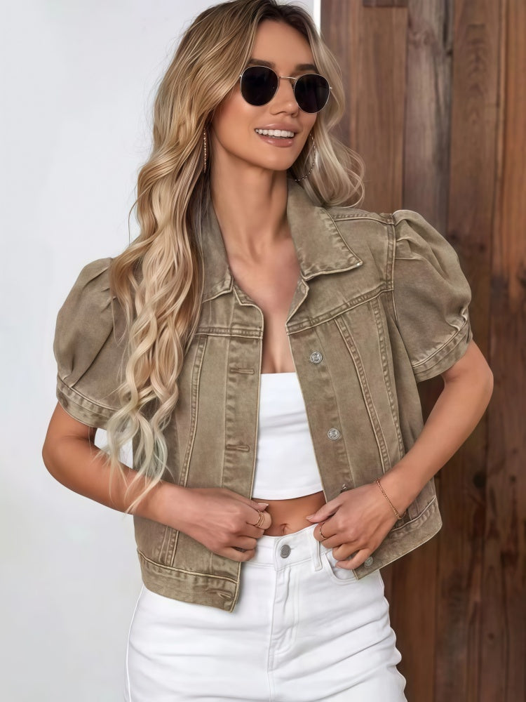 Cropped denim jacket with puff sleeves
