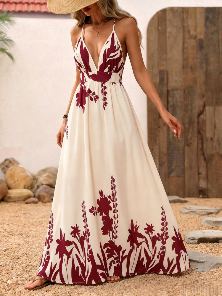 Tropical Print Crisscross Back Dress with Spaghetti Straps