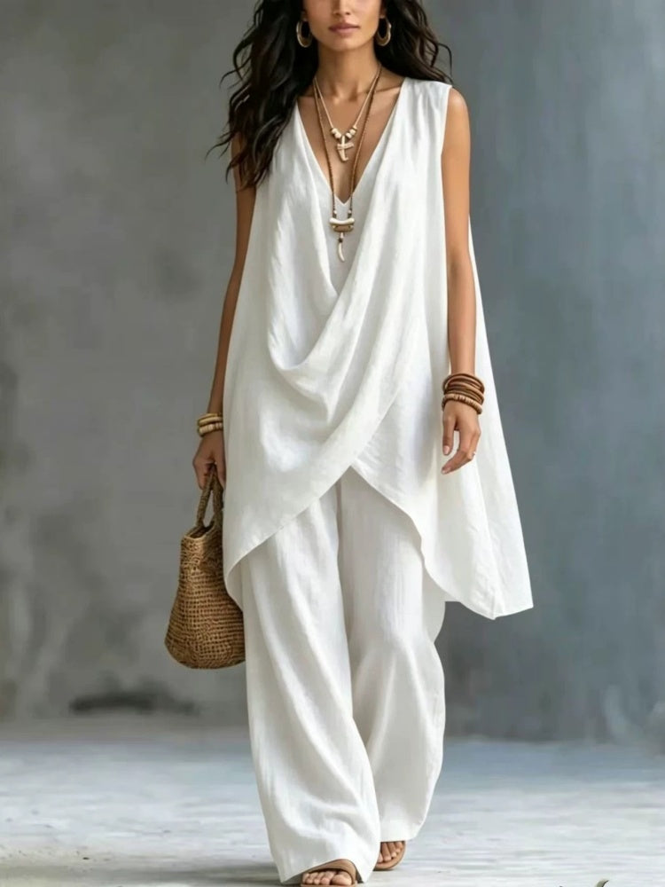Sleeveless Stand Collar Cotton Linen Resort Two Piece Set