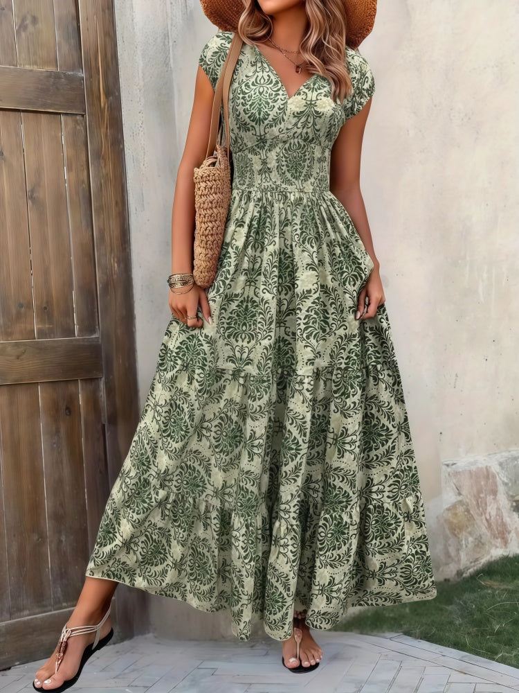 V-neck printed fitted waist maxi dress