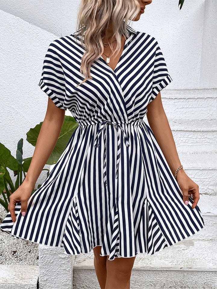 Versatile Drawstring Waist Striped Shirt Dress